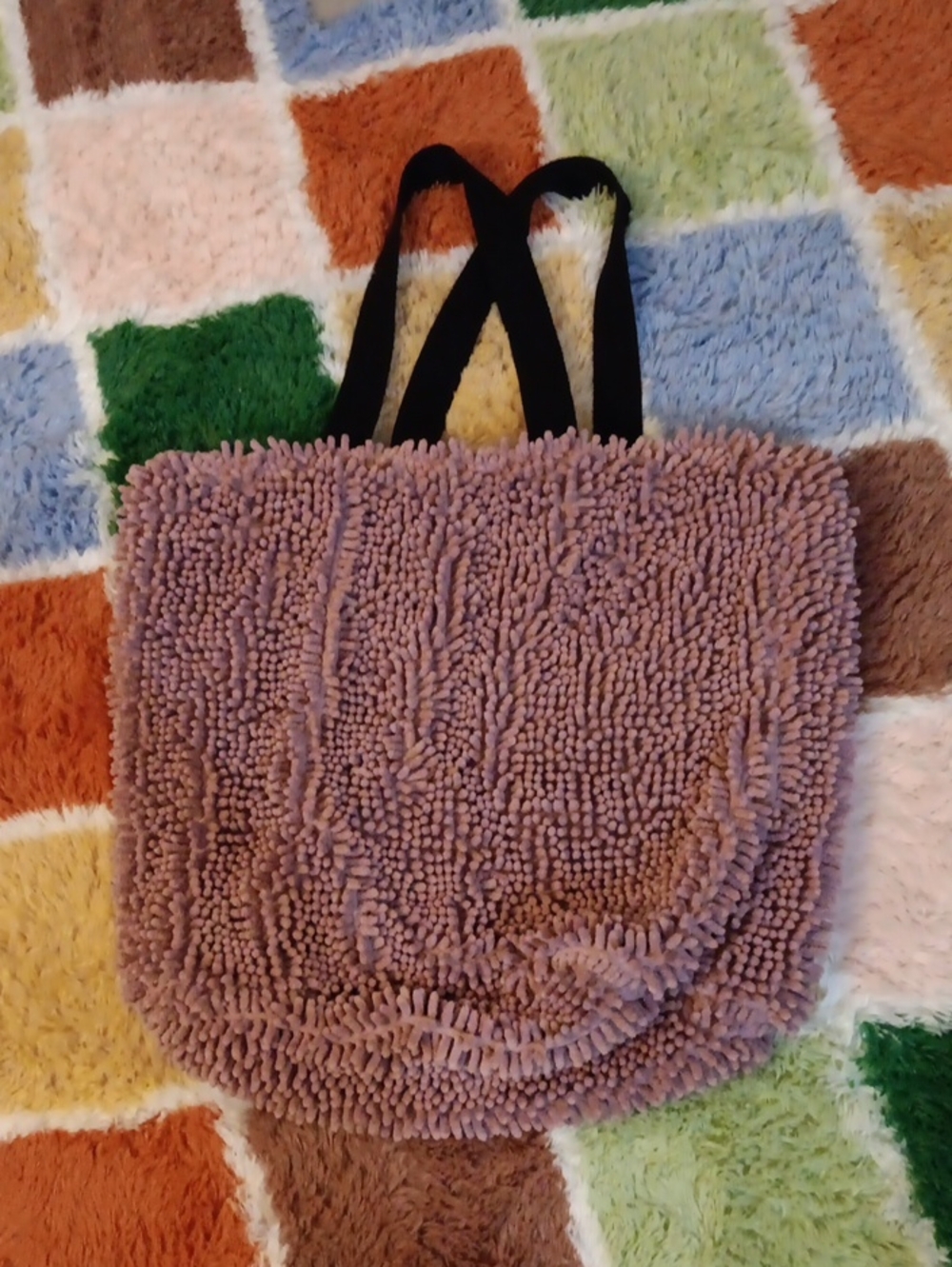 Plush Chenille Tote Bag in Mauve with Black Straps